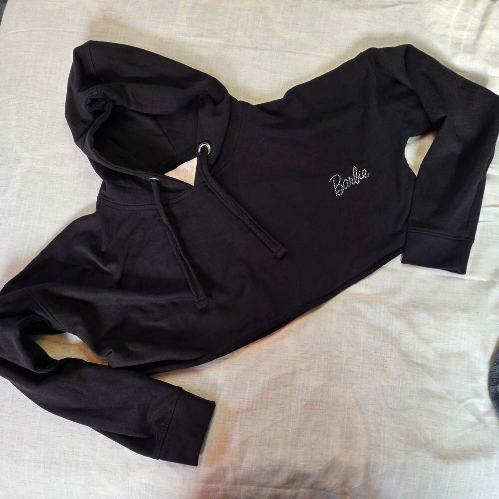 Barbie x Missguided Black Cropped Rhinestone Script Hoodie